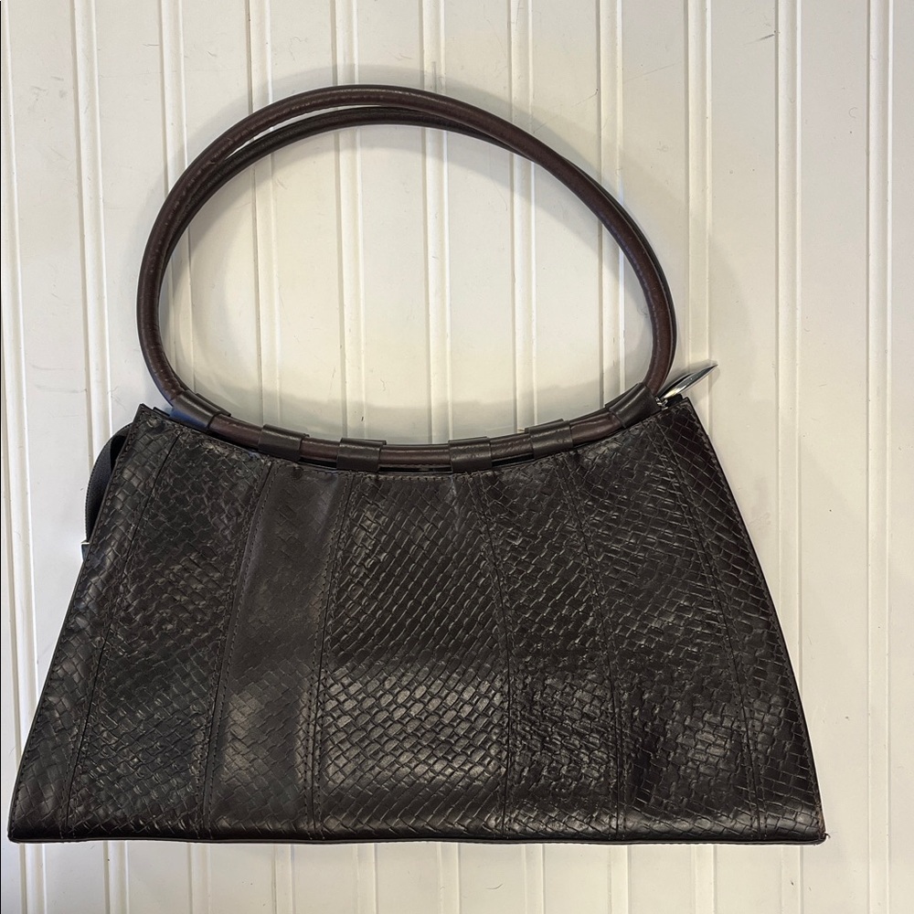 del rio Black Basketweave Embossed Cowhide Handbag